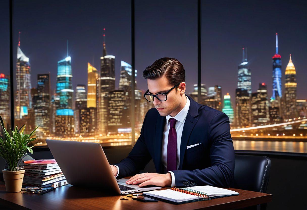 A professional-looking person studying financial graphs and charts on a laptop, surrounded by stacks of coins and investment books, with a glowing light bulb overhead symbolizing ideas and strategies. The background features a city skyline, representing growth and opportunities in finance. Super-realistic. Vibrant colors. 3D.