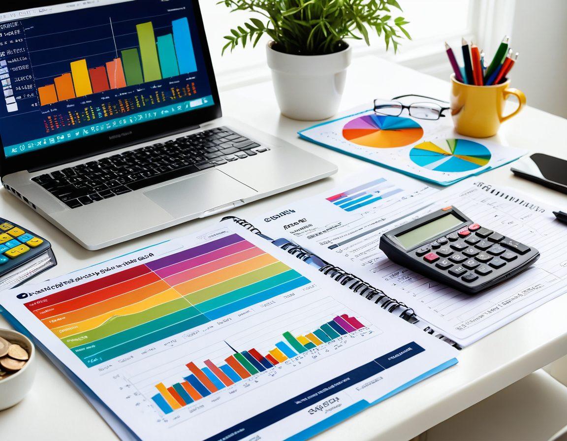 A beautifully organized desk with a laptop open displaying budgeting graphs, a calculator, and stacks of coins. In the background, a vibrant vision board showcasing savings goals and investment options like stocks and real estate. Soft light illuminating the scene to create an inviting atmosphere. super-realistic. vibrant colors. white background.