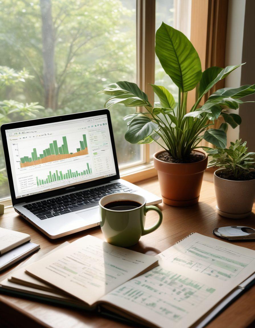 A serene workspace with a glowing laptop displaying financial charts and a stack of books on investing and money management. A cozy mug of coffee sits beside a notepad filled with handwritten notes. Light streams in through a window, illuminating a plant, symbolizing growth and prosperity. This scene conveys a sense of focus, clarity, and optimism about financial independence. super-realistic. warm colors. soft natural lighting.